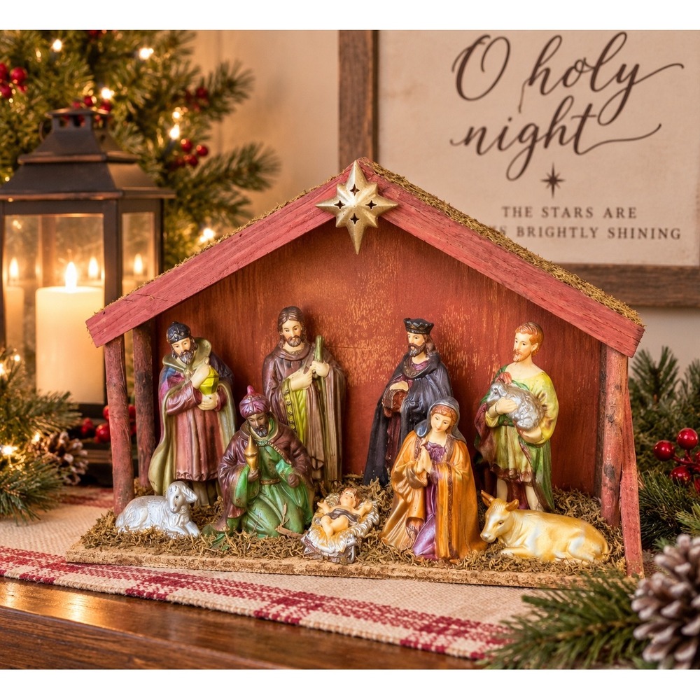 Vintage Christmas Nativity Scene Wooden Stable Holy Family Wise Men Manger